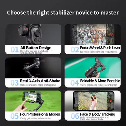 AOCHUAN 3-Axis Handheld Gimbal Stabilizer with Fill Light for Smartphones - Face Tracking for iPhone, Android, TikTok, and Vlogging