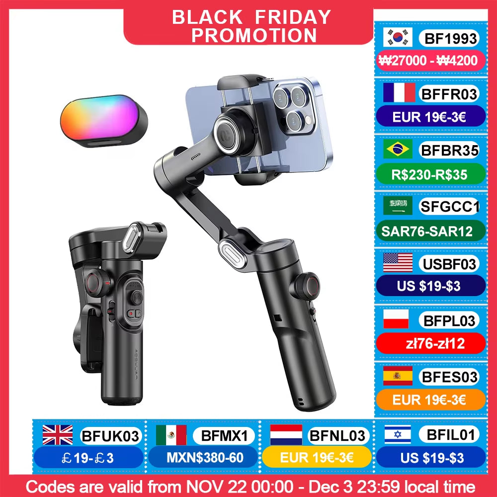 AOCHUAN 3-Axis Handheld Gimbal Stabilizer with Fill Light for Smartphones - Face Tracking for iPhone, Android, TikTok, and Vlogging